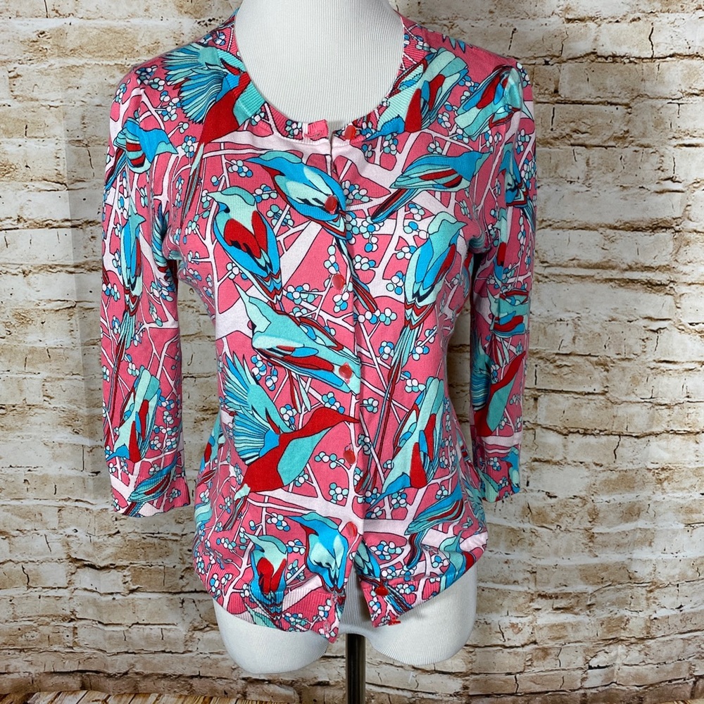 Talbots women’s sweater petite small bird, print button up cardigan light knit